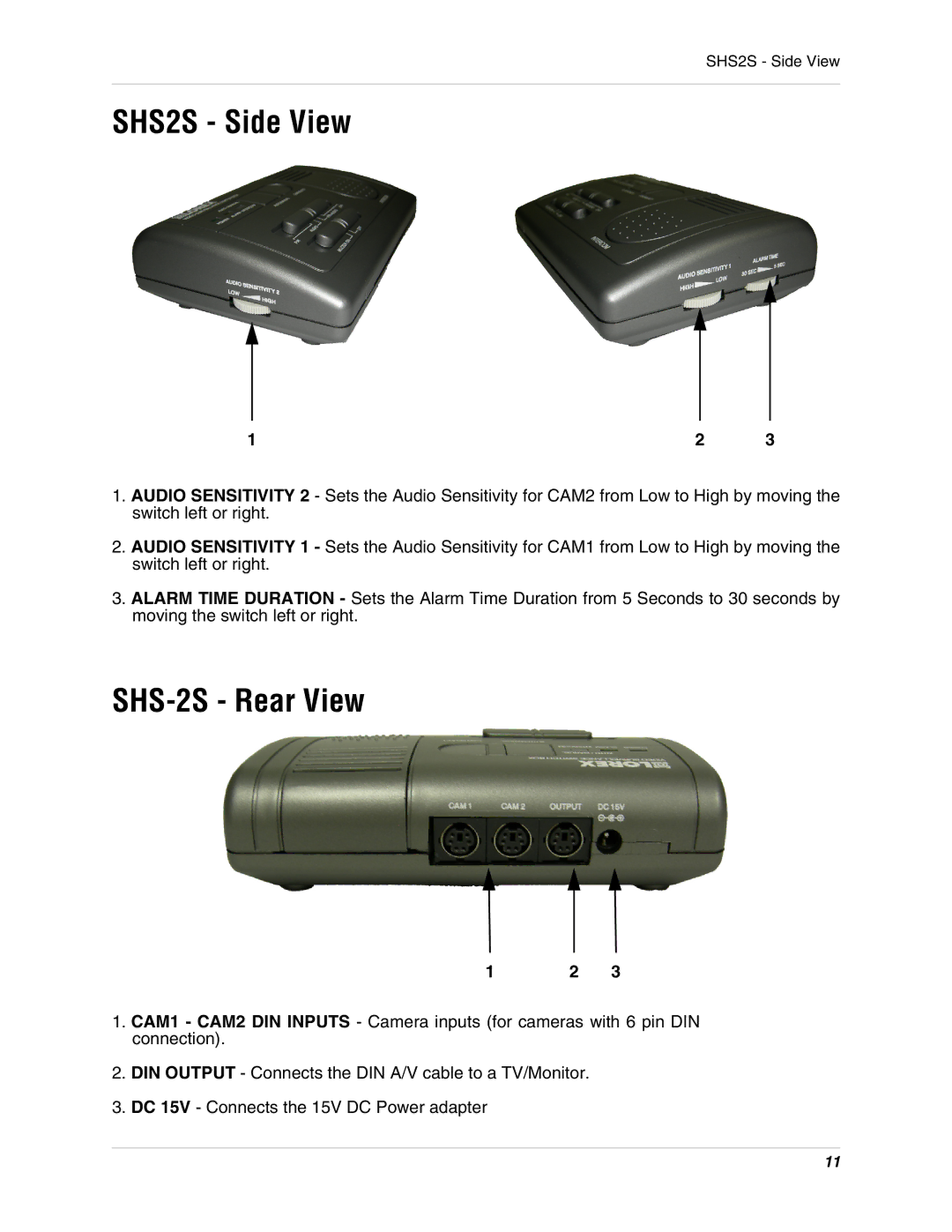 LOREX Technology instruction manual SHS2S Side View, SHS-2S Rear View 