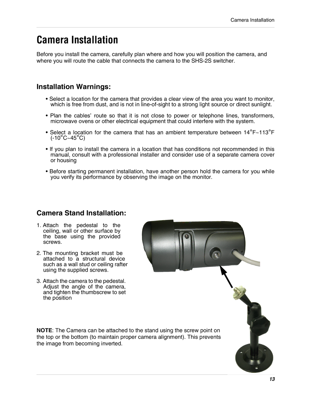 LOREX Technology SHS-2S instruction manual Camera Installation, Installation Warnings 