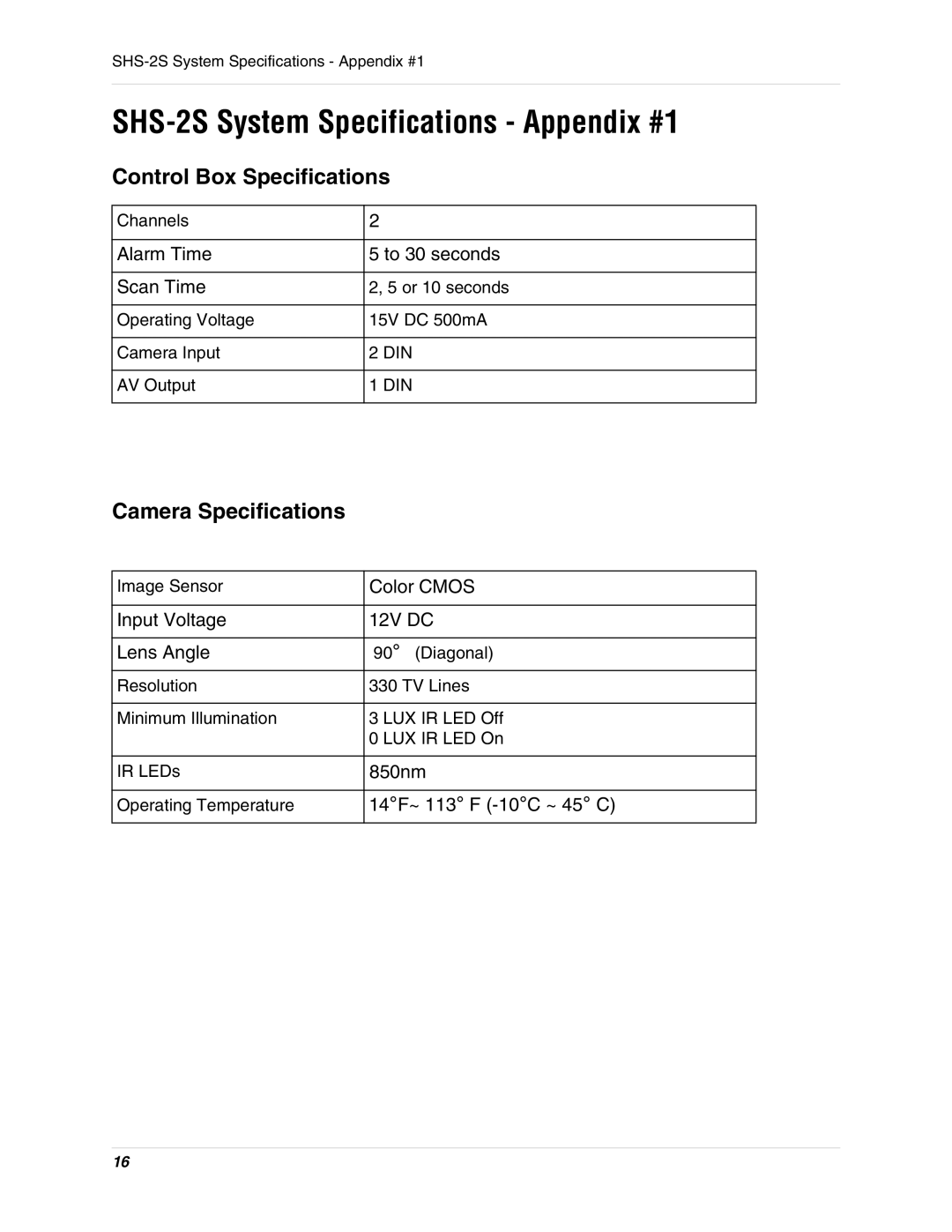 LOREX Technology instruction manual SHS-2S System Specifications Appendix #1, Control Box Specifications 