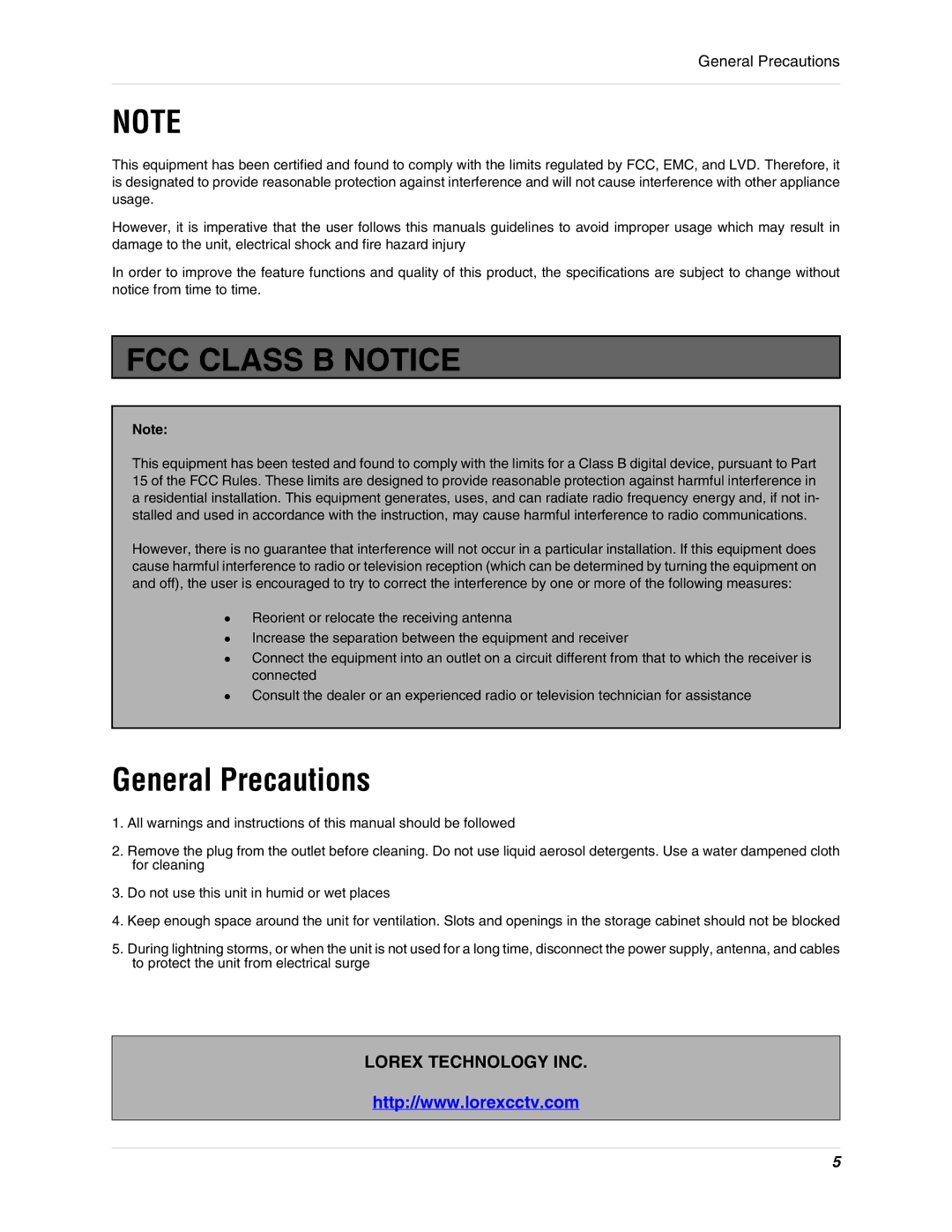 LOREX Technology SHS-2S instruction manual General Precautions 