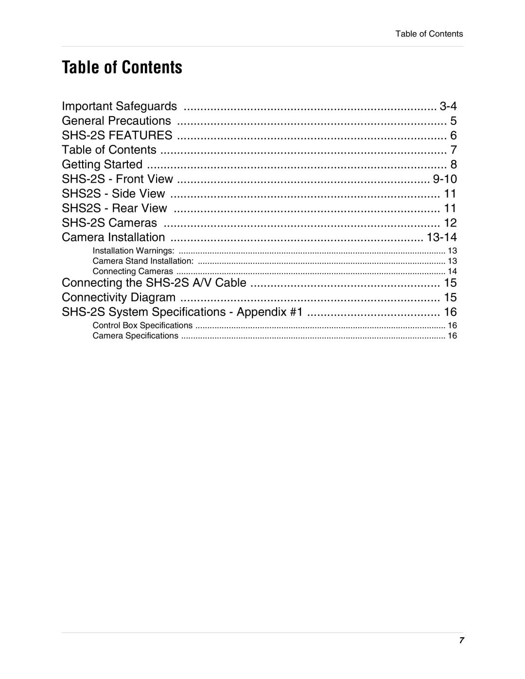 LOREX Technology SHS-2S instruction manual Table of Contents 