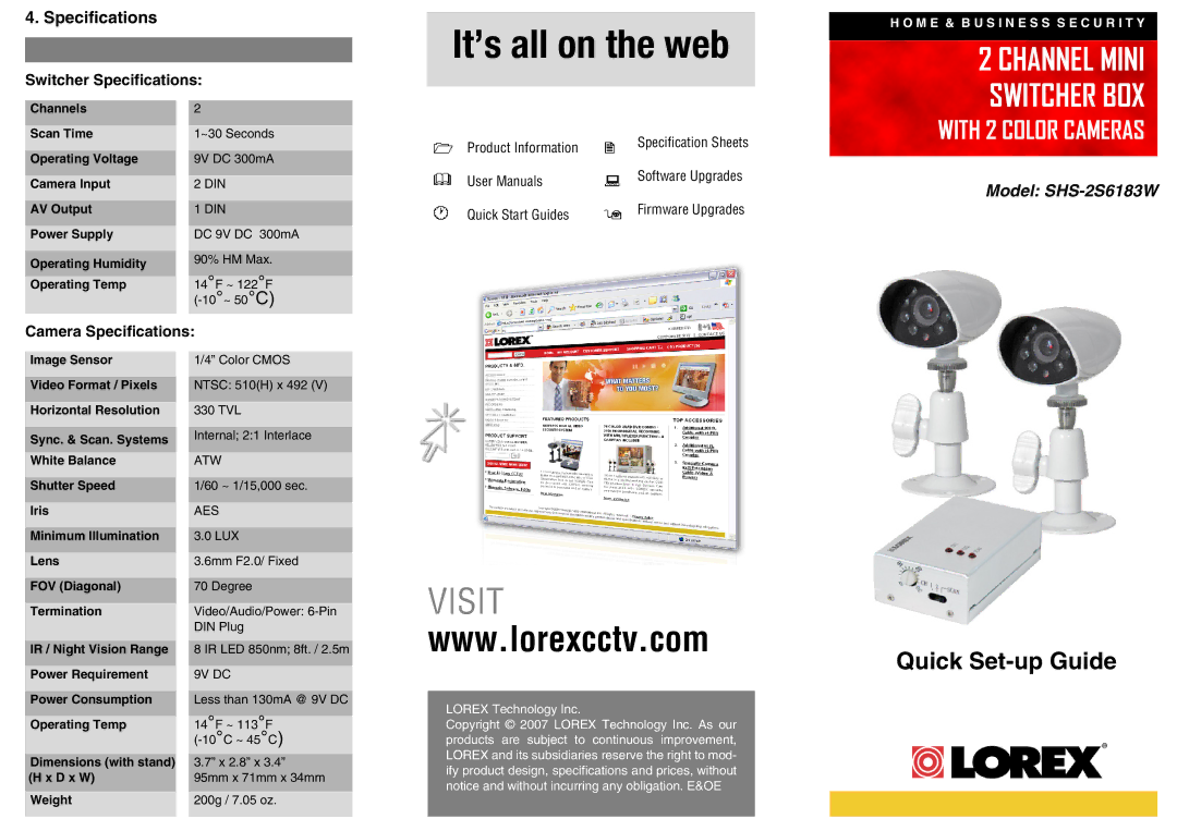 LOREX Technology SHS-2S6183W specifications Switcher Specifications, Camera Specifications 