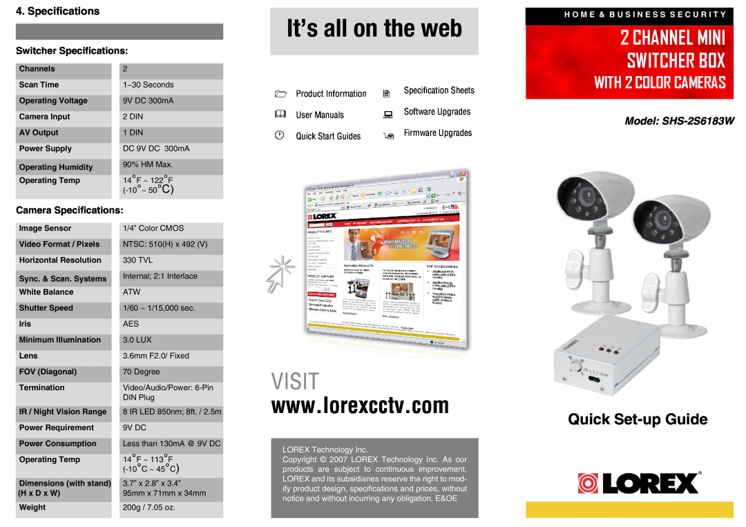 LOREX Technology SHS-2S6183W specifications Switcher Specifications, Camera Specifications, It’s all on the web, Visit 
