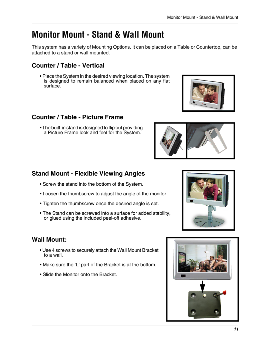 LOREX Technology SHS-2S7LD Series instruction manual Monitor Mount Stand & Wall Mount, Counter / Table Vertical 