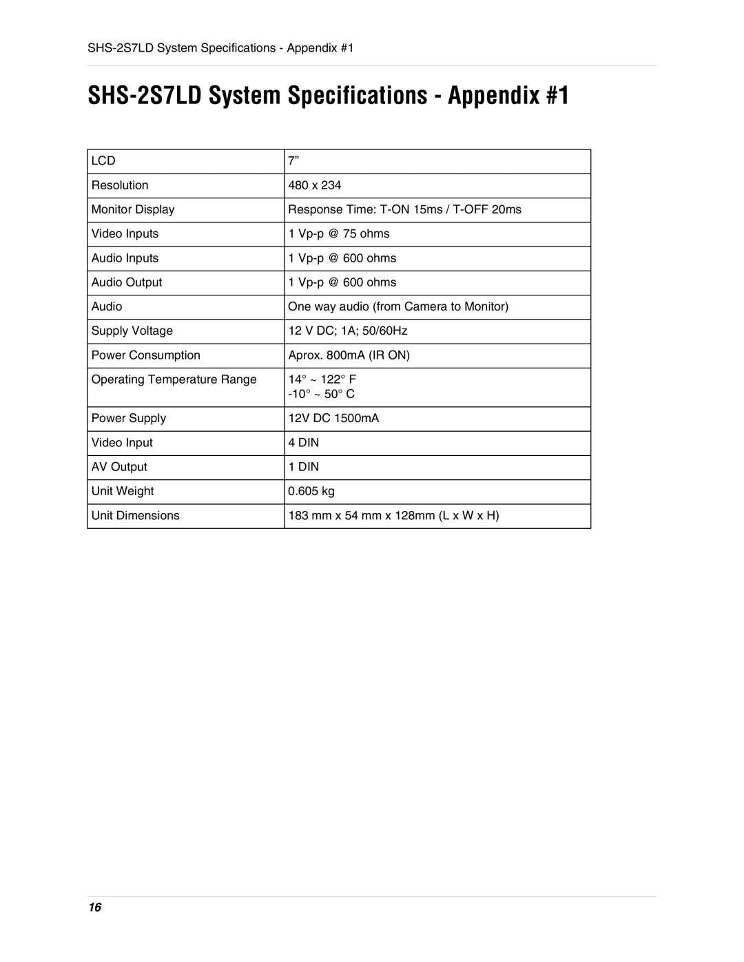 LOREX Technology SHS-2S7LD Series instruction manual SHS-2S7LD System Specifications Appendix #1, Lcd 