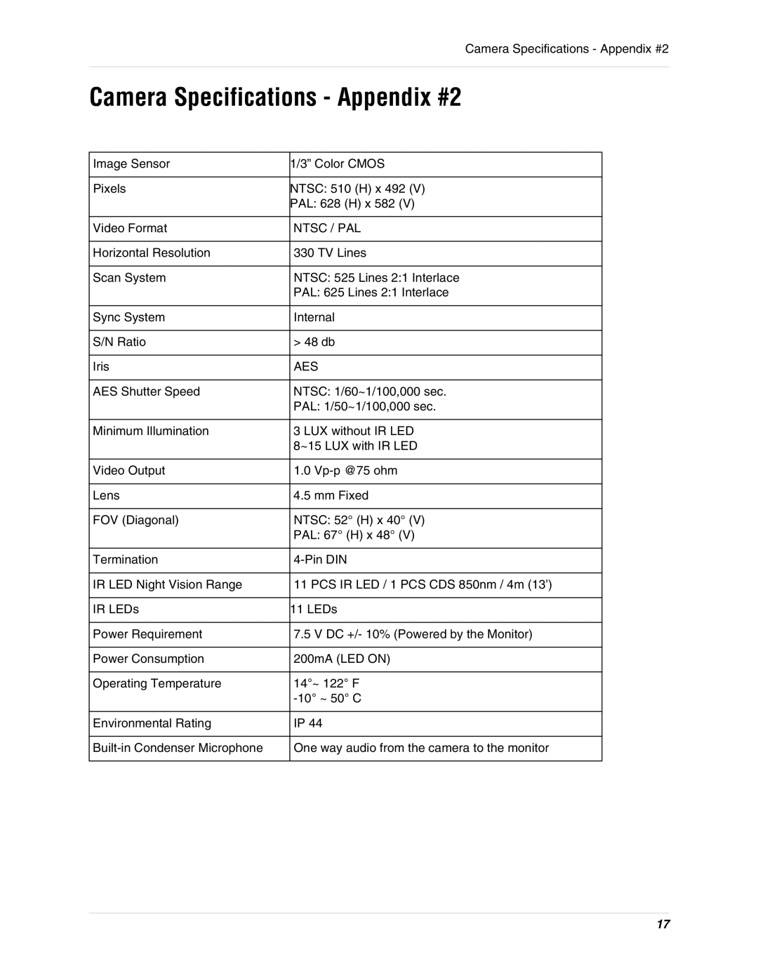 LOREX Technology SHS-2S7LD Series instruction manual Camera Specifications Appendix #2, Ntsc / PAL 