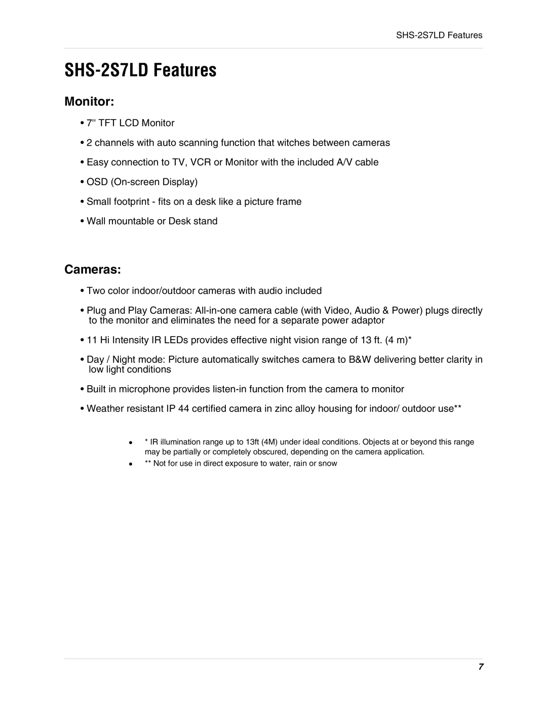 LOREX Technology SHS-2S7LD Series instruction manual SHS-2S7LD Features, Monitor, Cameras 