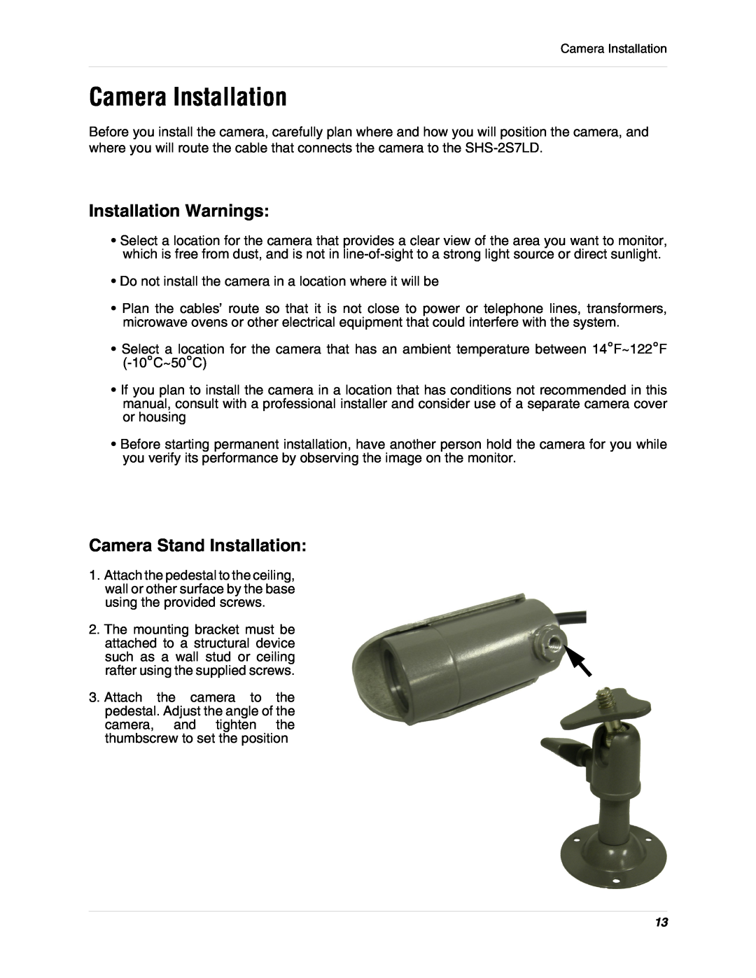 LOREX Technology SHS-2S7LD Series instruction manual Camera Installation, Installation Warnings, Camera Stand Installation 