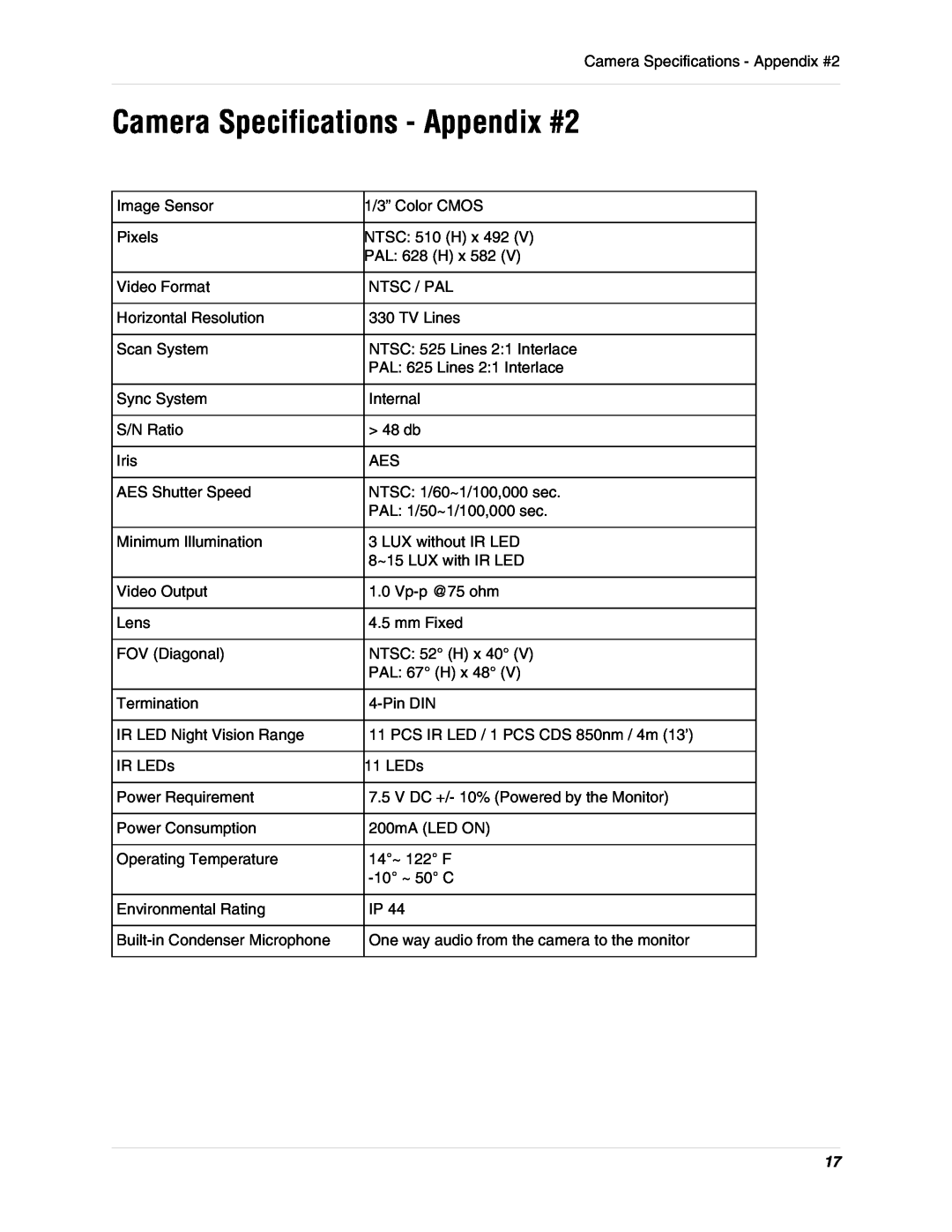 LOREX Technology SHS-2S7LD Series instruction manual Camera Specifications - Appendix #2 