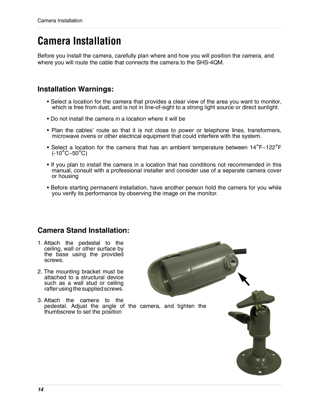 LOREX Technology SHS-4QM instruction manual Camera Installation, Installation Warnings, Camera Stand Installation 