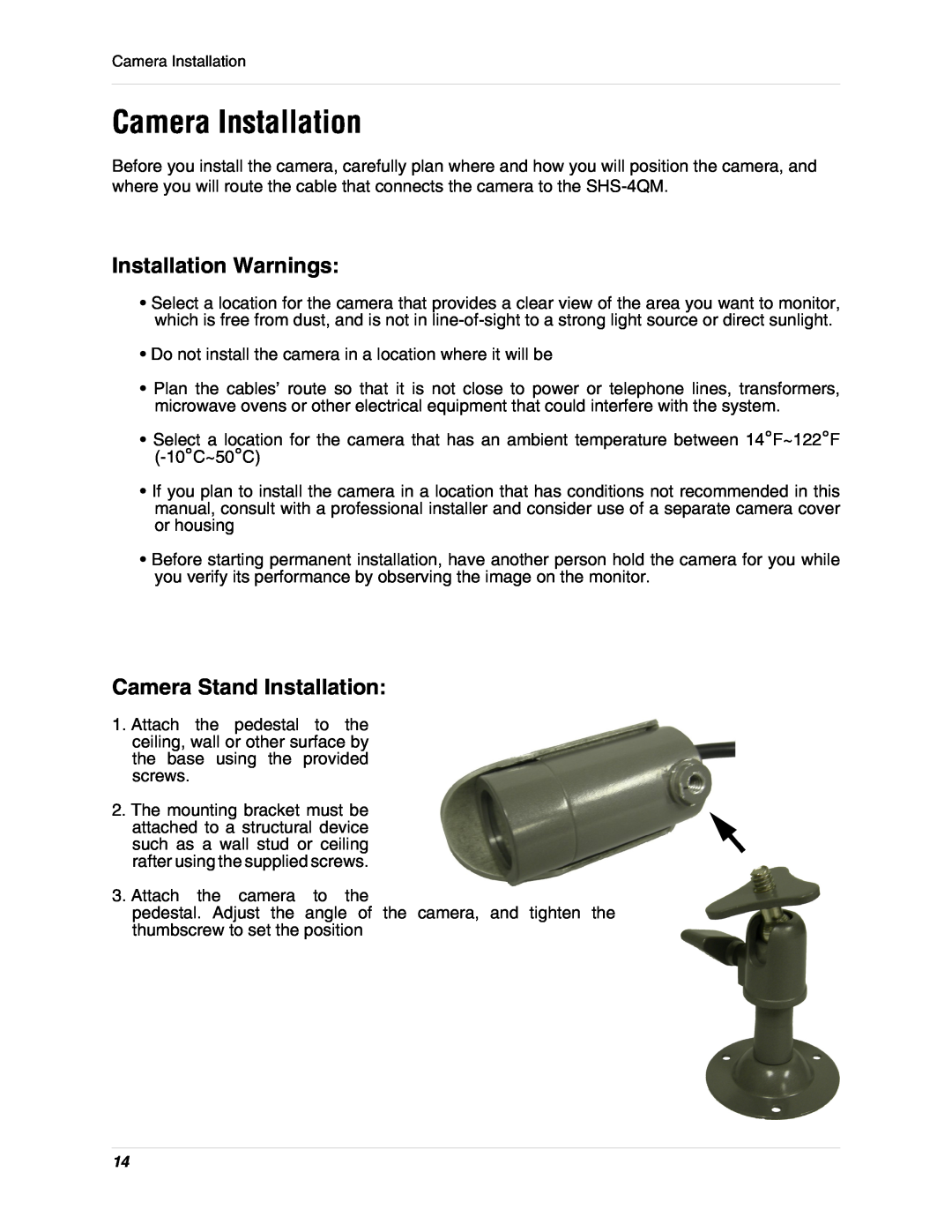 LOREX Technology SHS-4QM instruction manual Camera Installation, Installation Warnings, Camera Stand Installation 