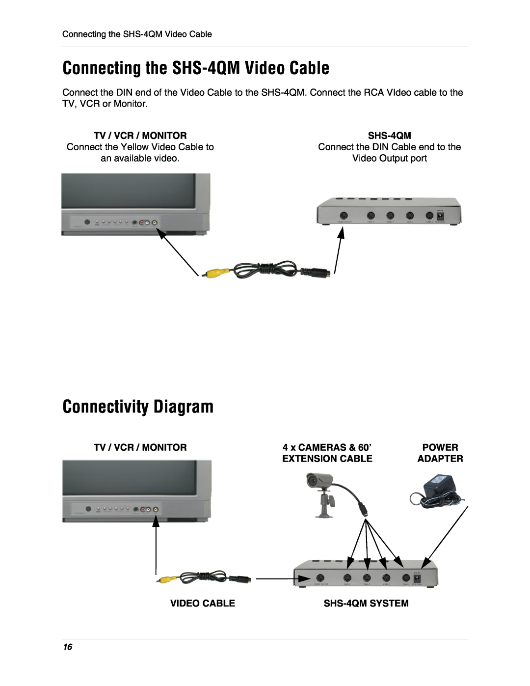 LOREX Technology Connecting the SHS-4QM Video Cable, Connectivity Diagram, Tv / Vcr / Monitor, x CAMERAS & 60’, Power 