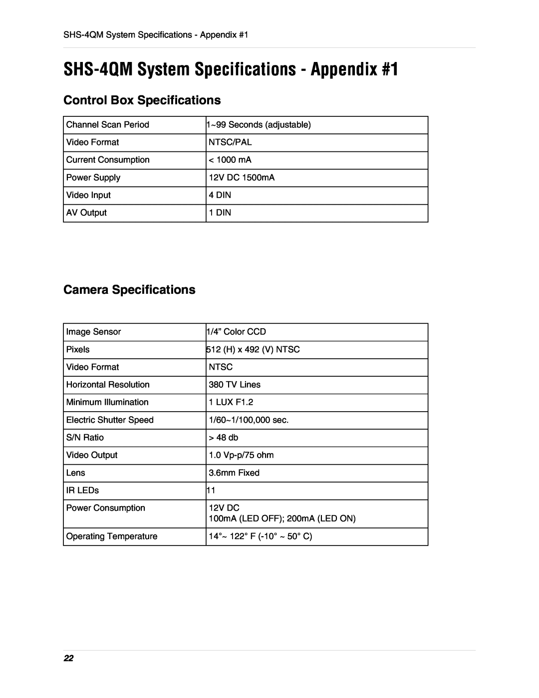 LOREX Technology SHS-4QM System Specifications - Appendix #1, Control Box Specifications, Camera Specifications 