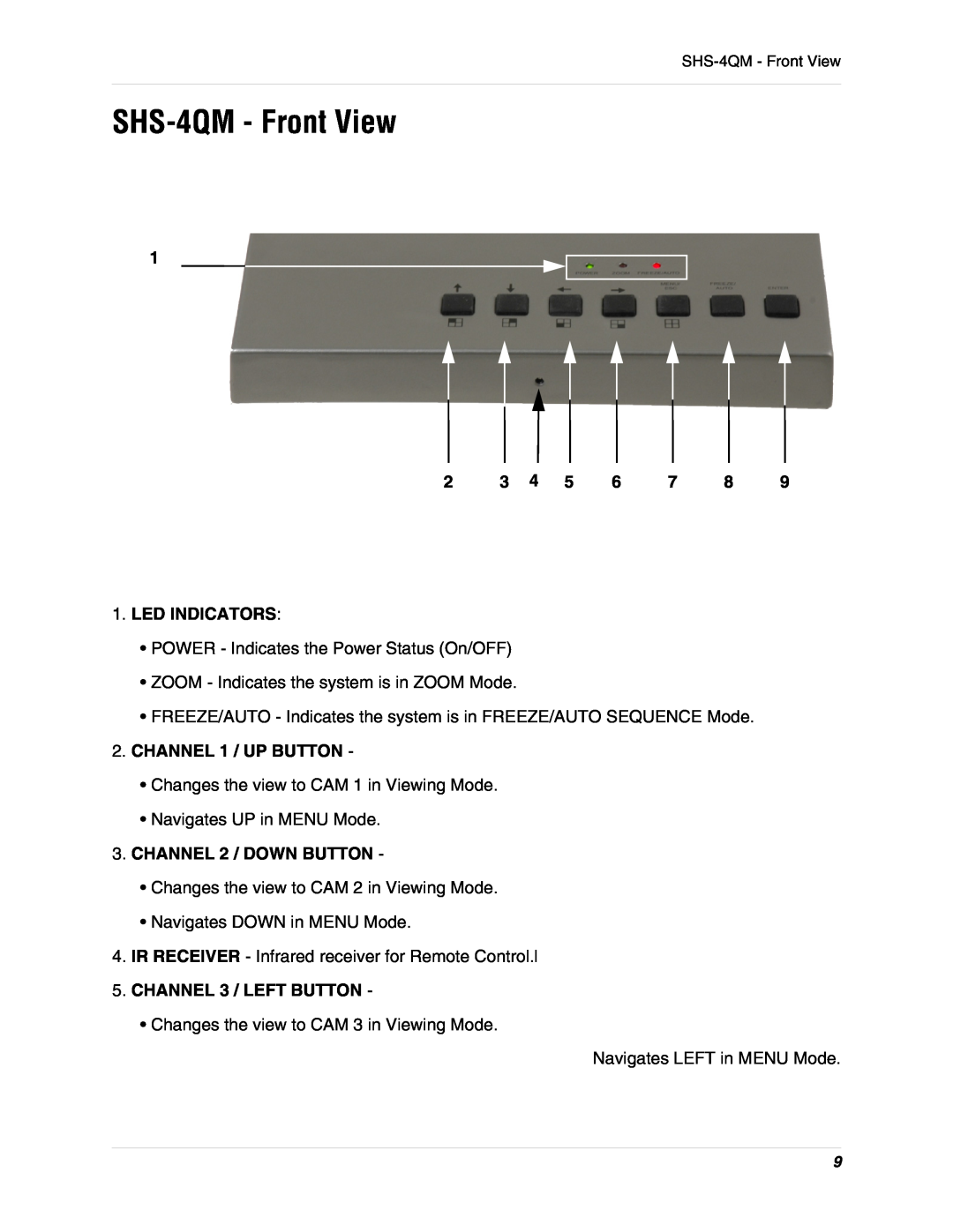 LOREX Technology instruction manual SHS-4QM - Front View, Led Indicators, CHANNEL 1 / UP BUTTON, CHANNEL 2 / DOWN BUTTON 