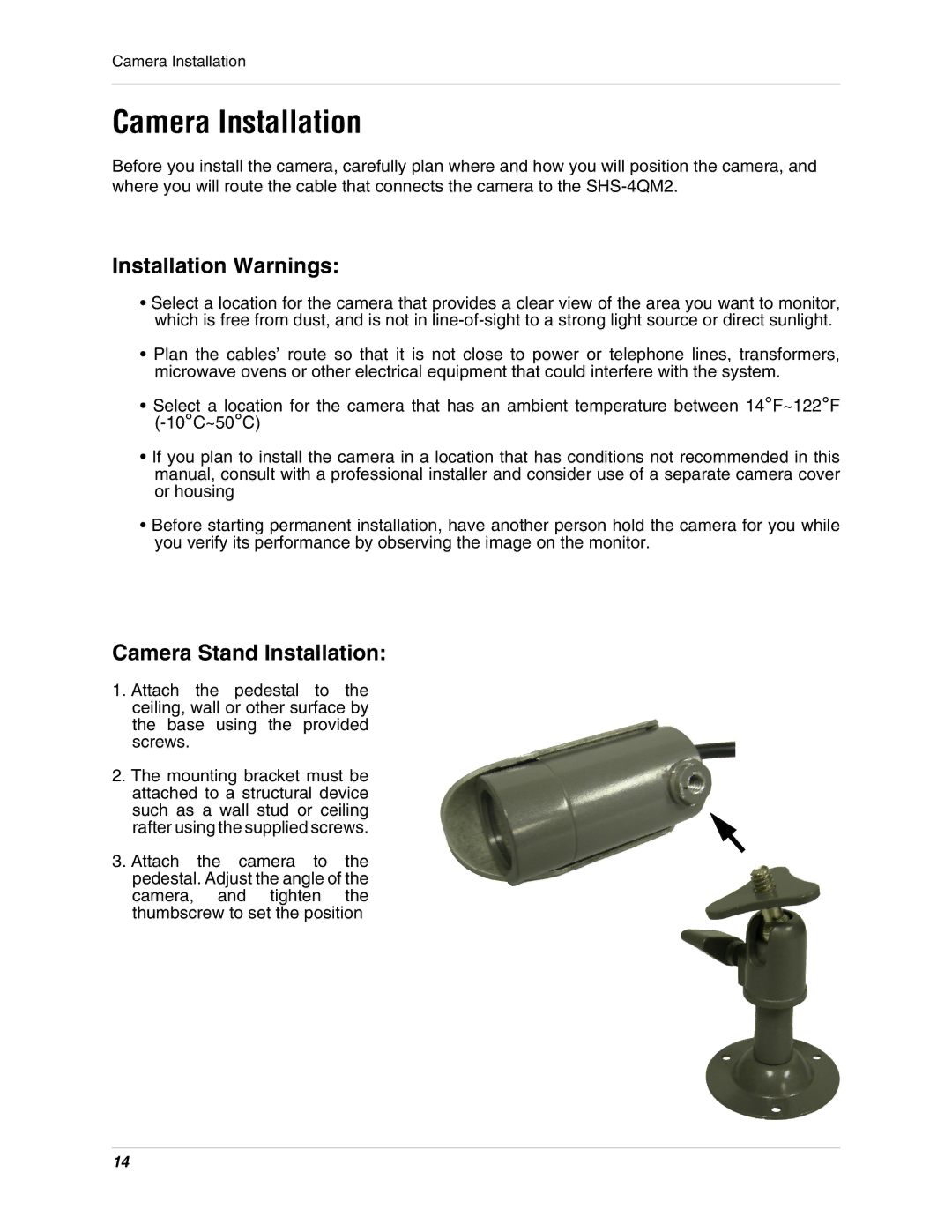 LOREX Technology SHS-4QM2 instruction manual Camera Installation, Installation Warnings, Camera Stand Installation 