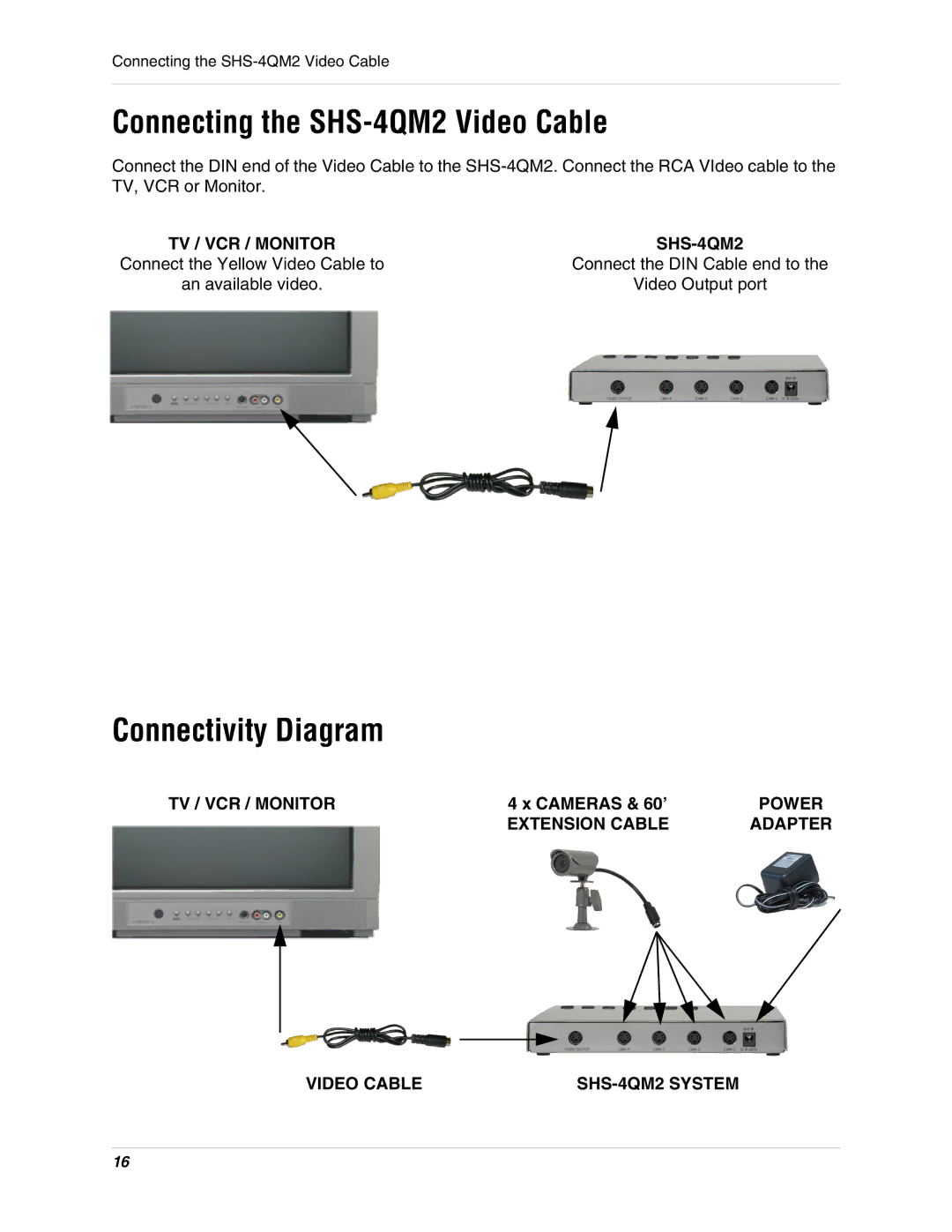 LOREX Technology instruction manual Connecting the SHS-4QM2 Video Cable, Connectivity Diagram, TV / VCR / Monitor, Power 