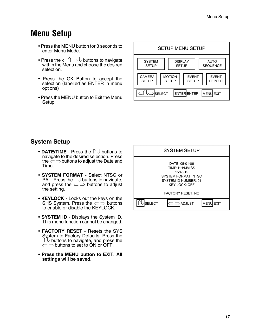 LOREX Technology SHS-4QM2 instruction manual System Setup, Setup Menu Setup 