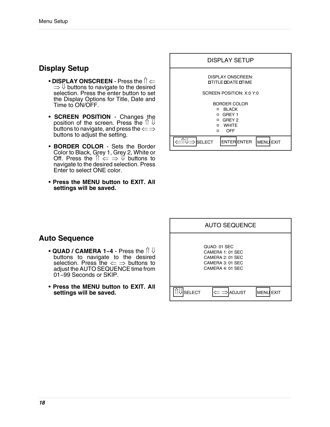 LOREX Technology SHS-4QM2 instruction manual Display Setup, Auto Sequence 