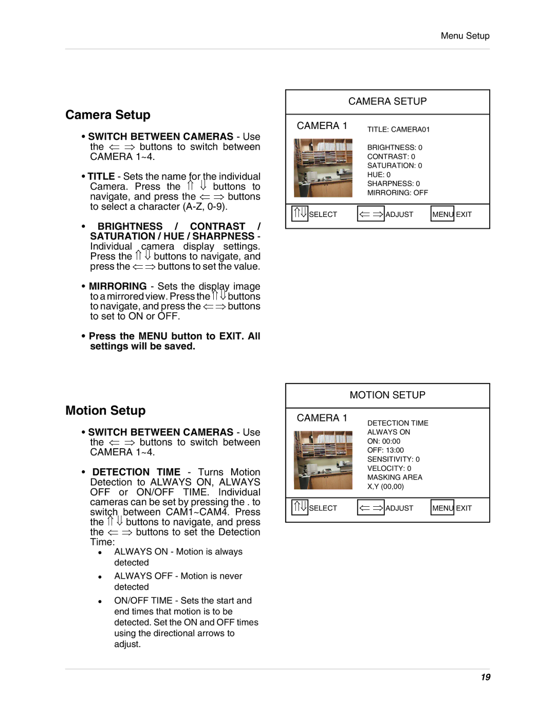 LOREX Technology SHS-4QM2 Camera Setup, Motion Setup, Brightness / Contrast / Saturation / HUE / Sharpness 