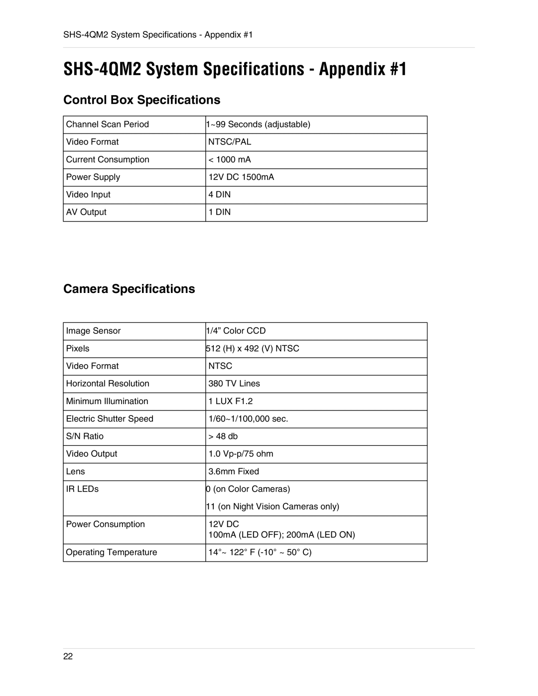 LOREX Technology SHS-4QM2 System Specifications Appendix #1, Control Box Specifications, Camera Specifications 