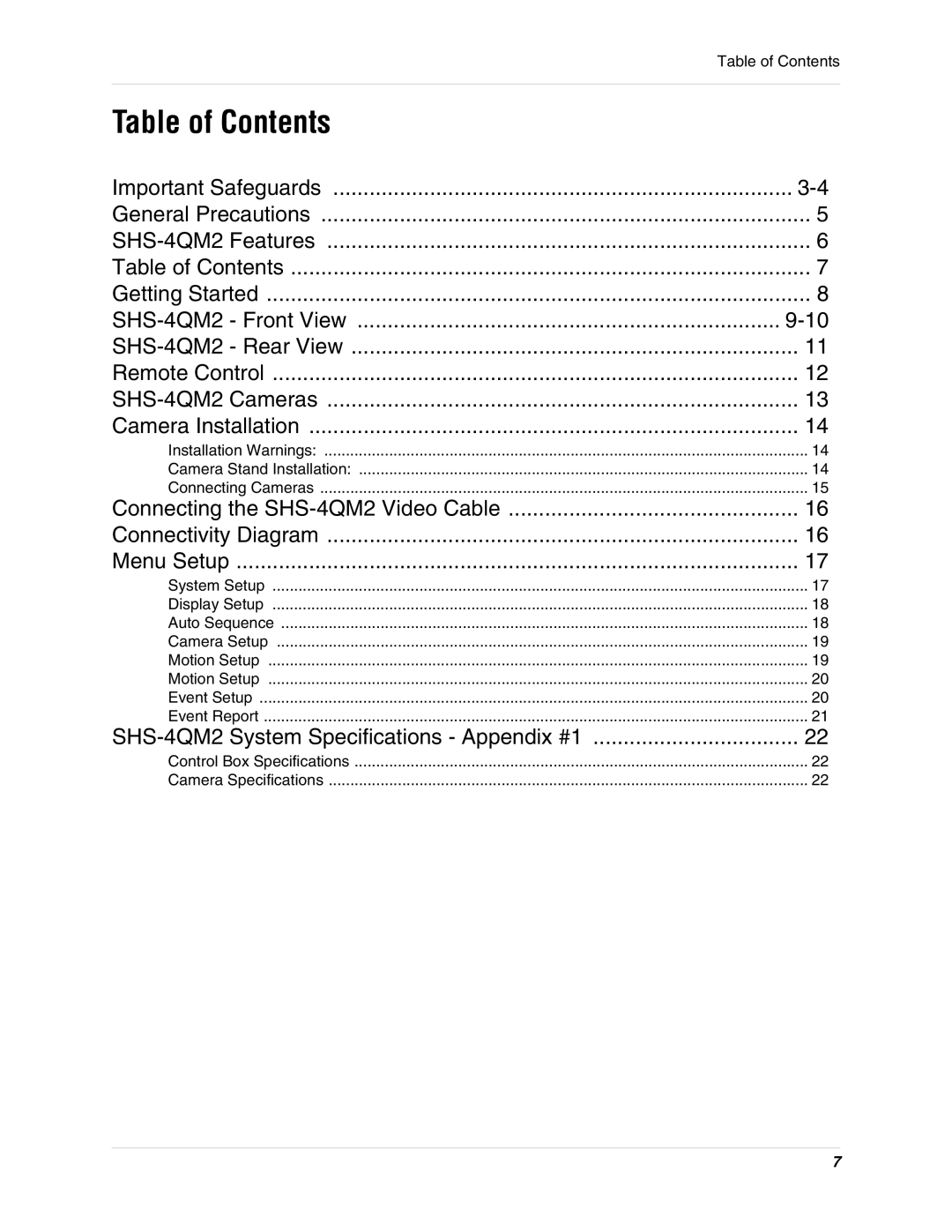 LOREX Technology SHS-4QM2 instruction manual Table of Contents 