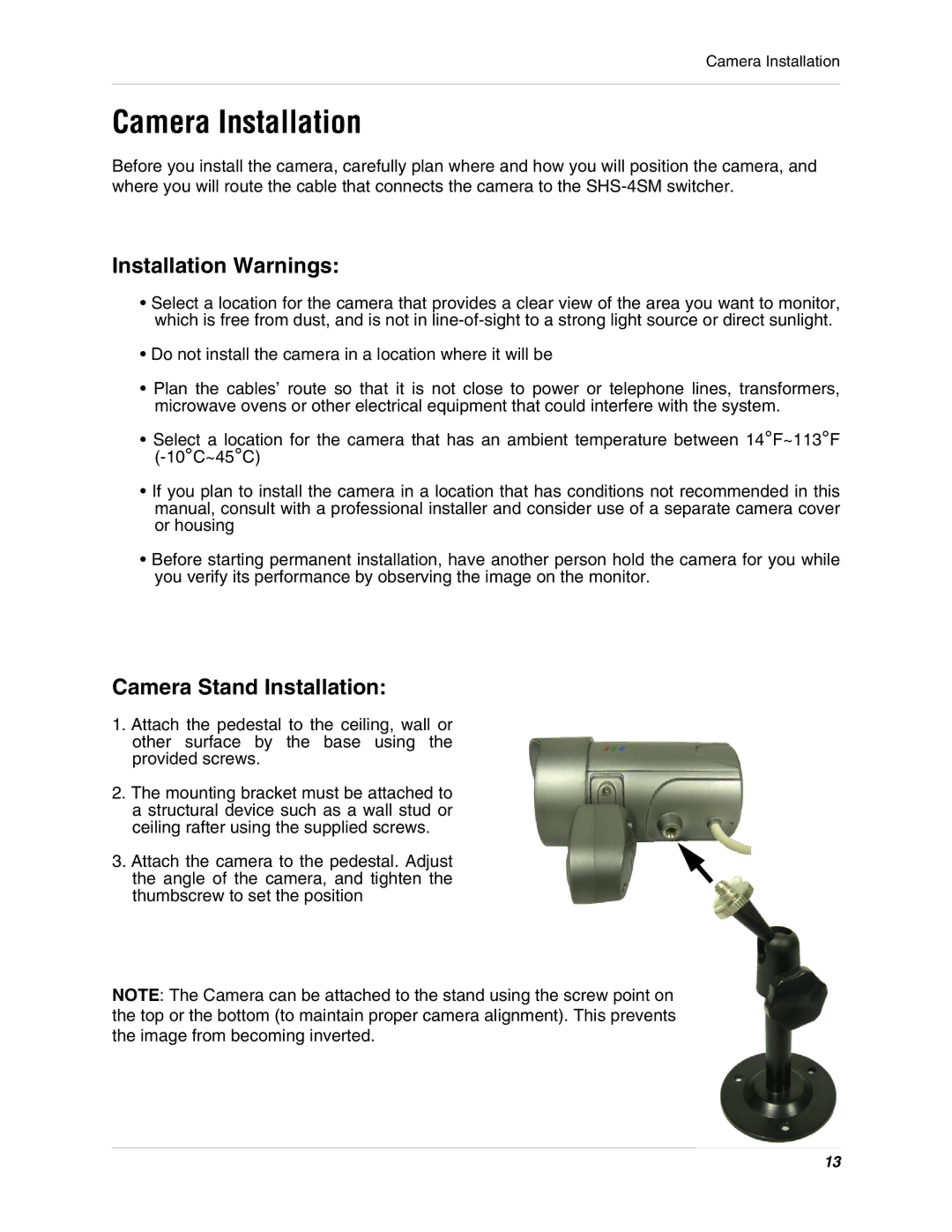 LOREX Technology SHS-4SM instruction manual Camera Installation, Installation Warnings 