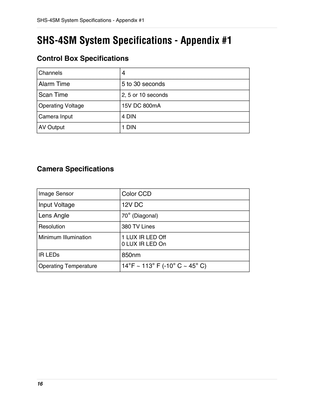 LOREX Technology instruction manual SHS-4SM System Specifications Appendix #1, Control Box Specifications 