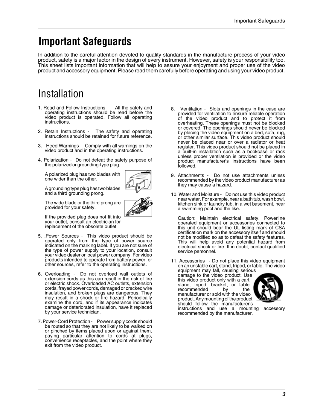 LOREX Technology SHS-4SM instruction manual Important Safeguards, Installation 