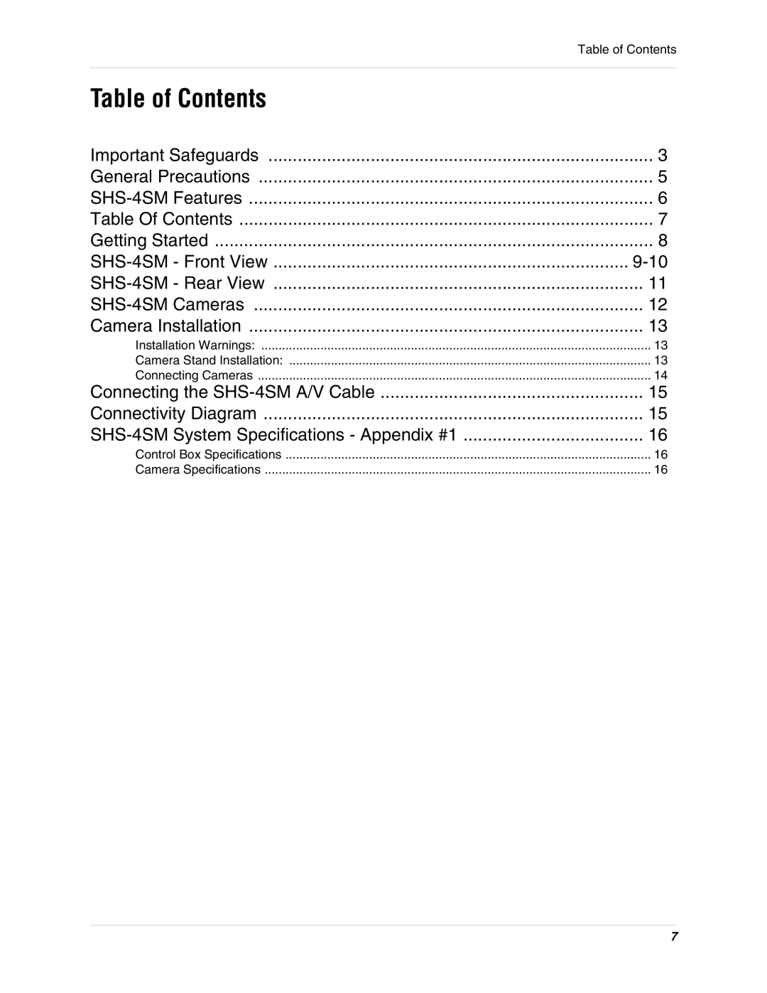 LOREX Technology SHS-4SM instruction manual Table of Contents 