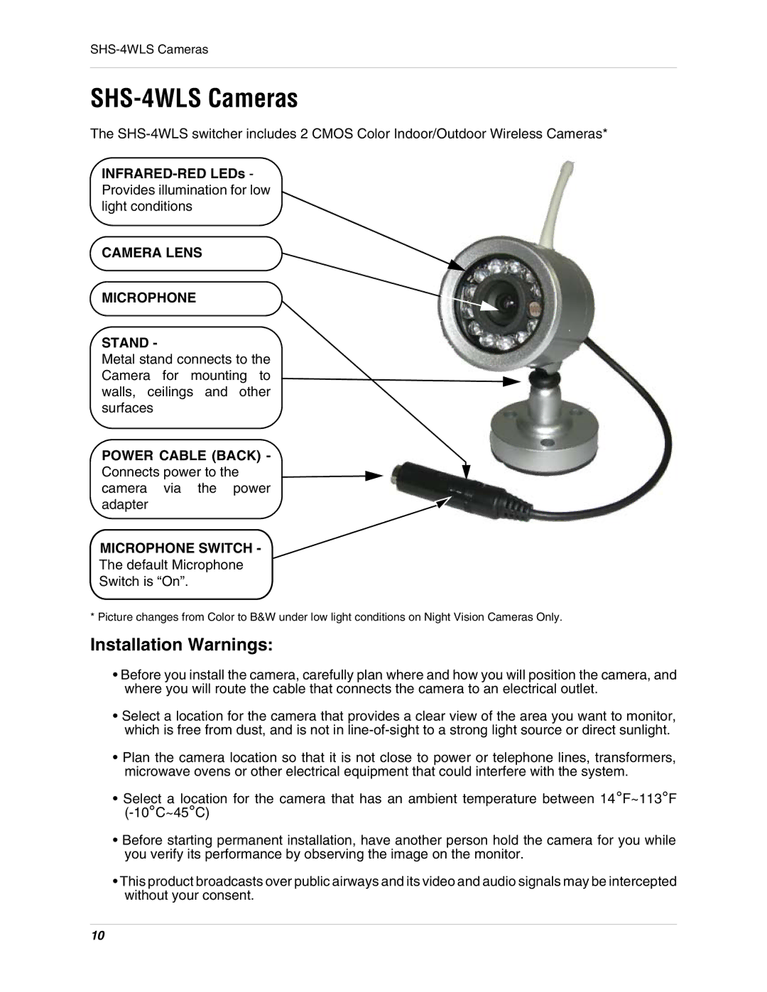 LOREX Technology instruction manual SHS-4WLS Cameras, Camera Lens Microphone Stand, Microphone Switch 