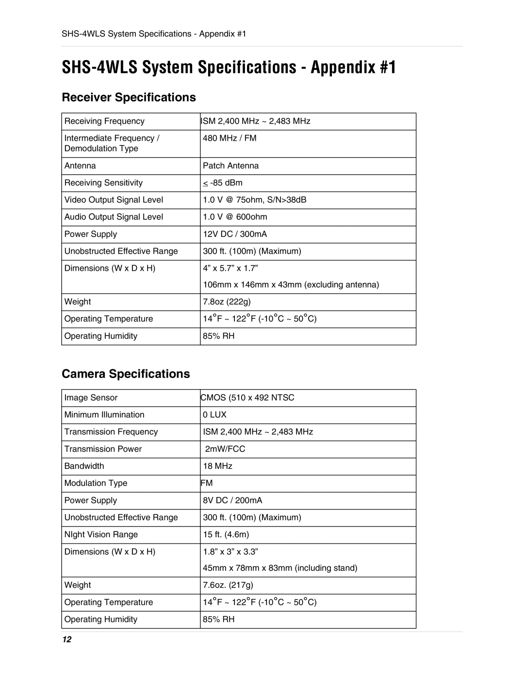 LOREX Technology instruction manual SHS-4WLS System Specifications Appendix #1, Receiver Specifications 