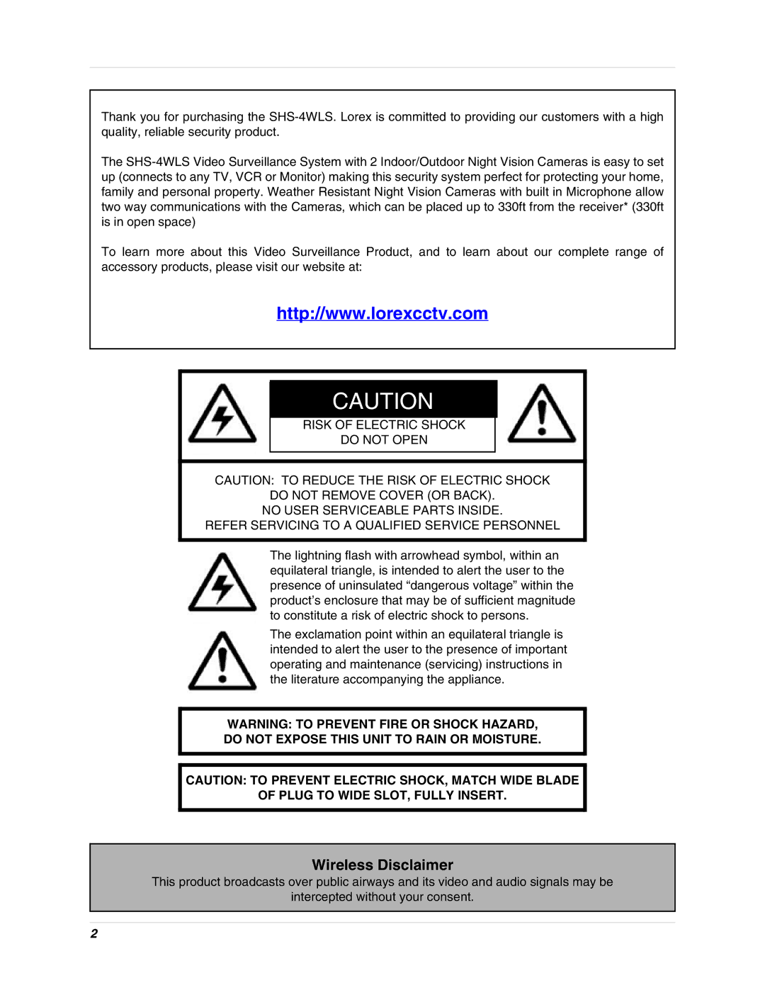 LOREX Technology SHS-4WLS instruction manual Wireless Disclaimer 