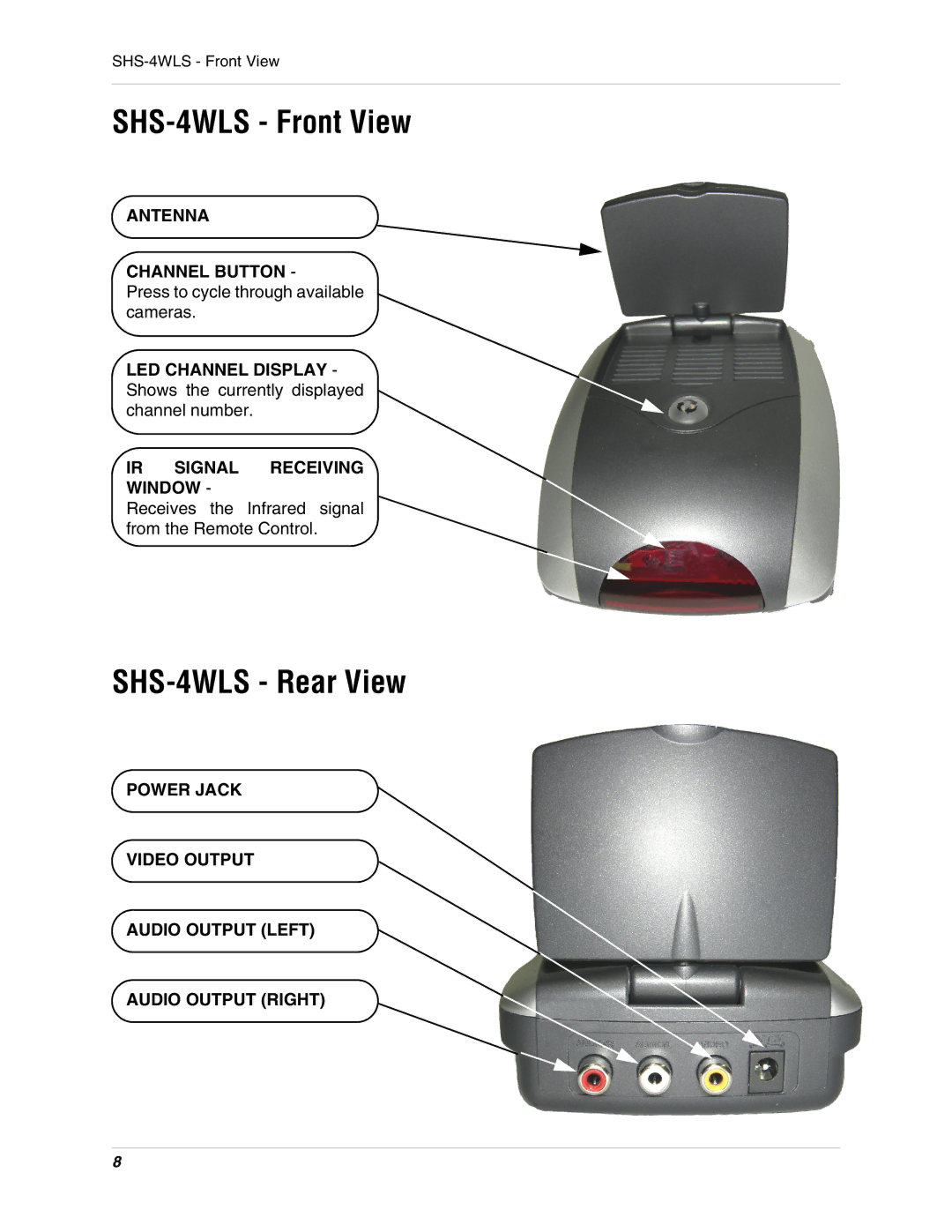 LOREX Technology SHS-4WLS Front View, SHS-4WLS Rear View, Antenna Channel Button, IR Signal Receiving Window 