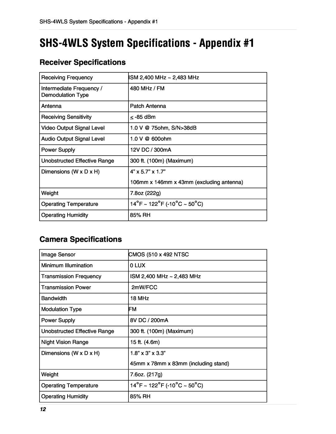 LOREX Technology SHS-4WLSSystem Specifications - Appendix #1, Receiver Specifications, Camera Specifications 