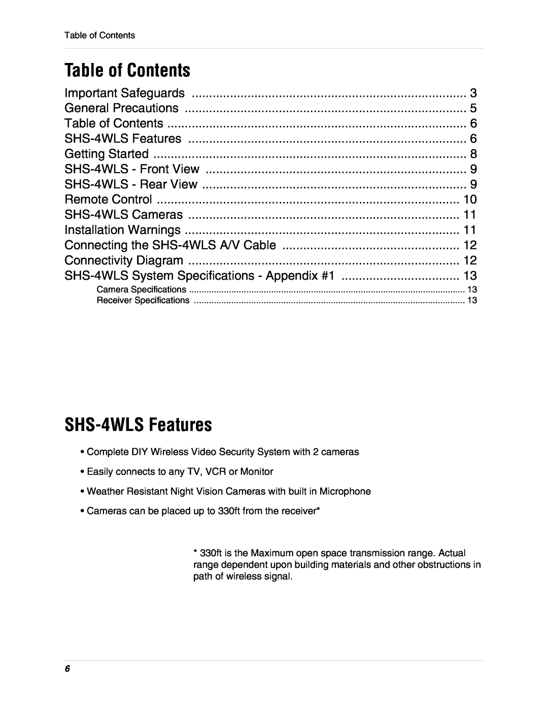 LOREX Technology instruction manual Table of Contents, SHS-4WLSFeatures 