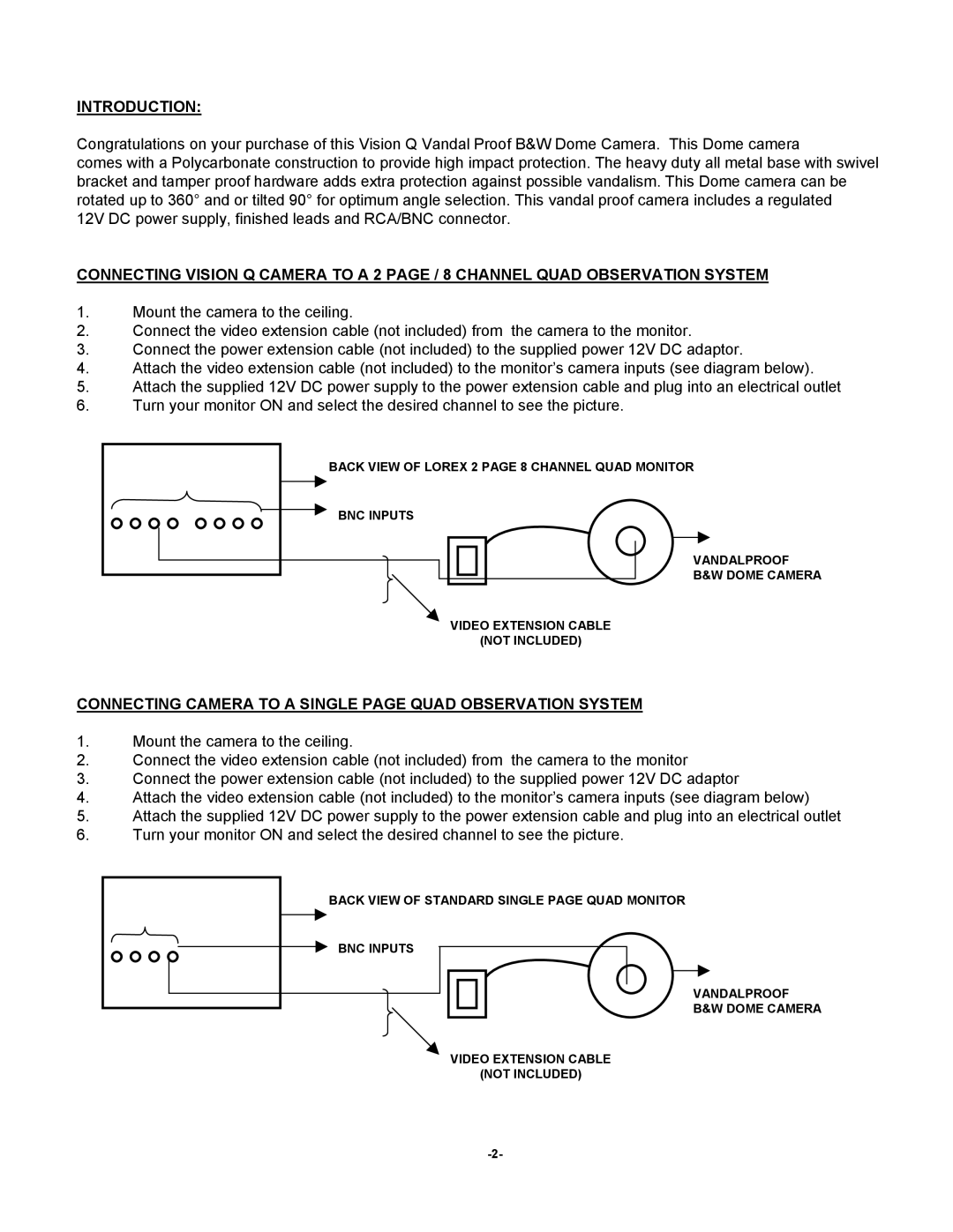 LOREX Technology VQ1032 owner manual Introduction, Connecting Camera to a Single page Quad Observation System 