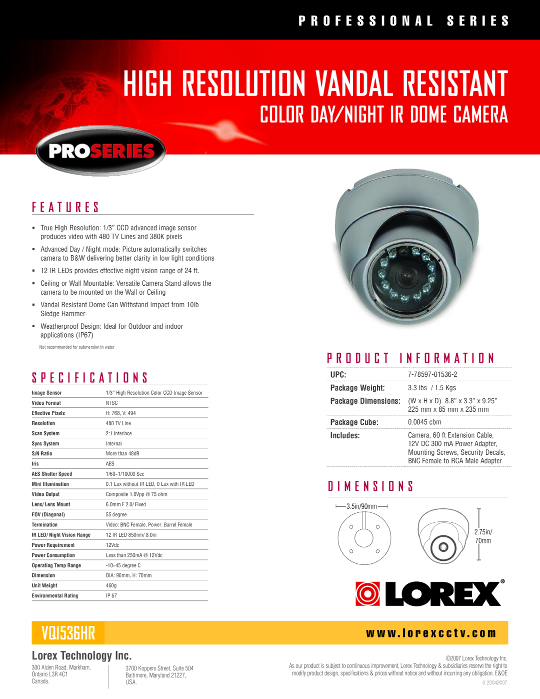 LOREX Technology VQ1536HR specifications Ntsc, Aes 