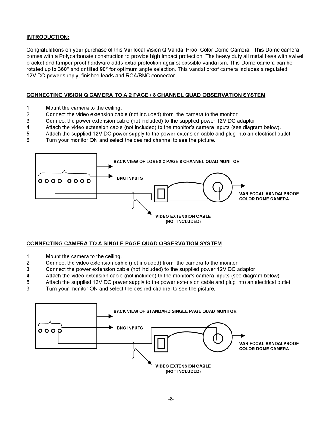 LOREX Technology VQ1632R owner manual Introduction, Connecting Camera to a Single page Quad Observation System 