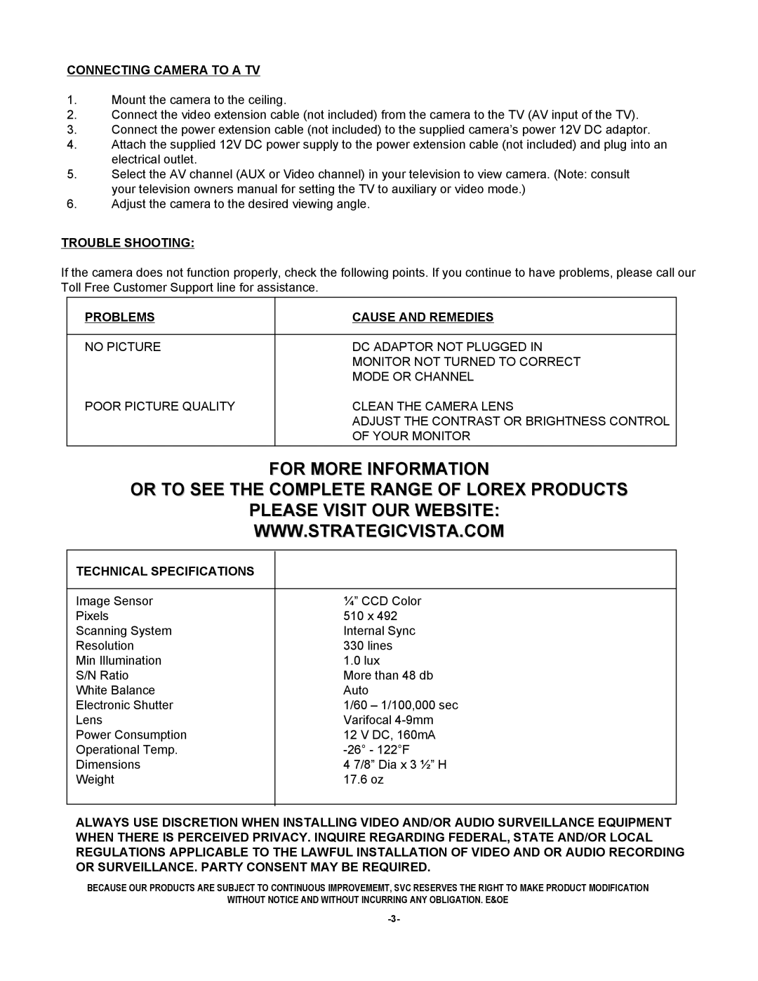 LOREX Technology VQ1632R owner manual Connecting Camera to a TV, Trouble Shooting, Problems Cause and Remedies 