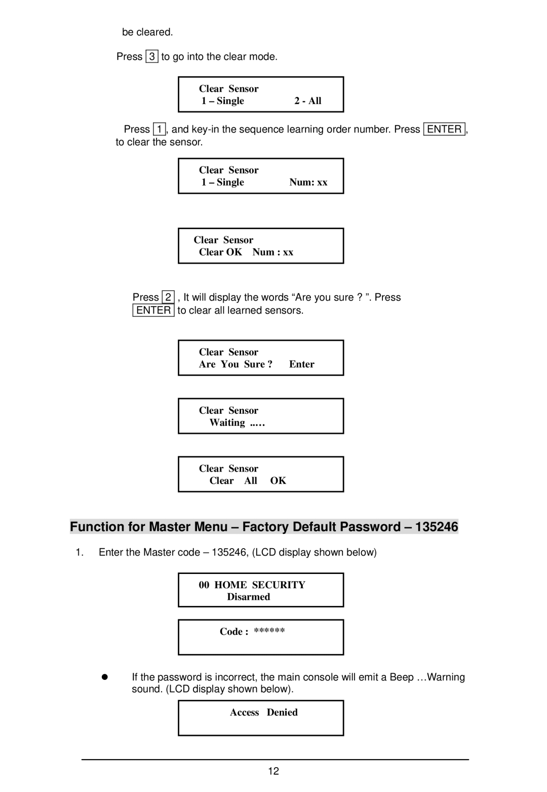 LOREX Technology WA-410 instruction manual Function for Master Menu Factory Default Password 