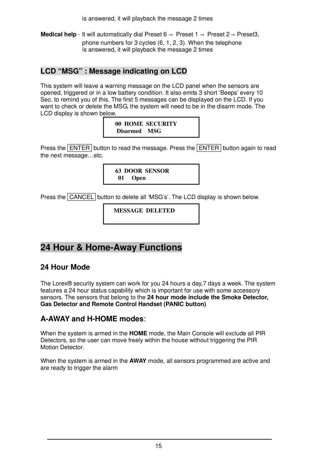 LOREX Technology WA-410 instruction manual LCD MSG Message indicating on LCD, Hour Mode, Away and H-HOME modes 