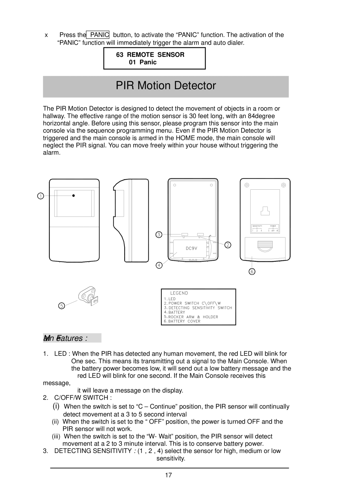 LOREX Technology WA-410 instruction manual PIR Motion Detector, Main Features, Panic 