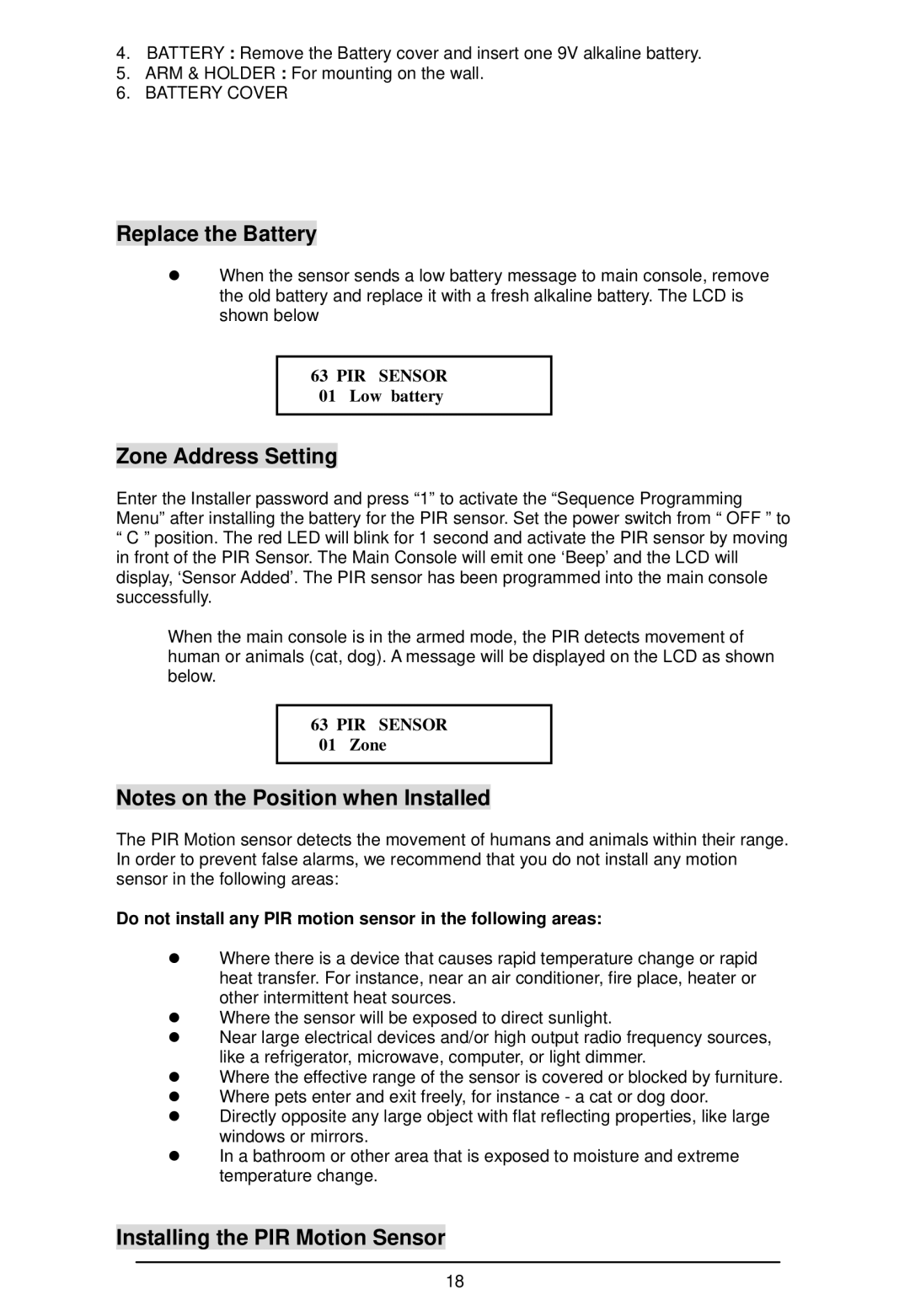 LOREX Technology WA-410 instruction manual Replace the Battery, Installing the PIR Motion Sensor, Low battery, Zone 