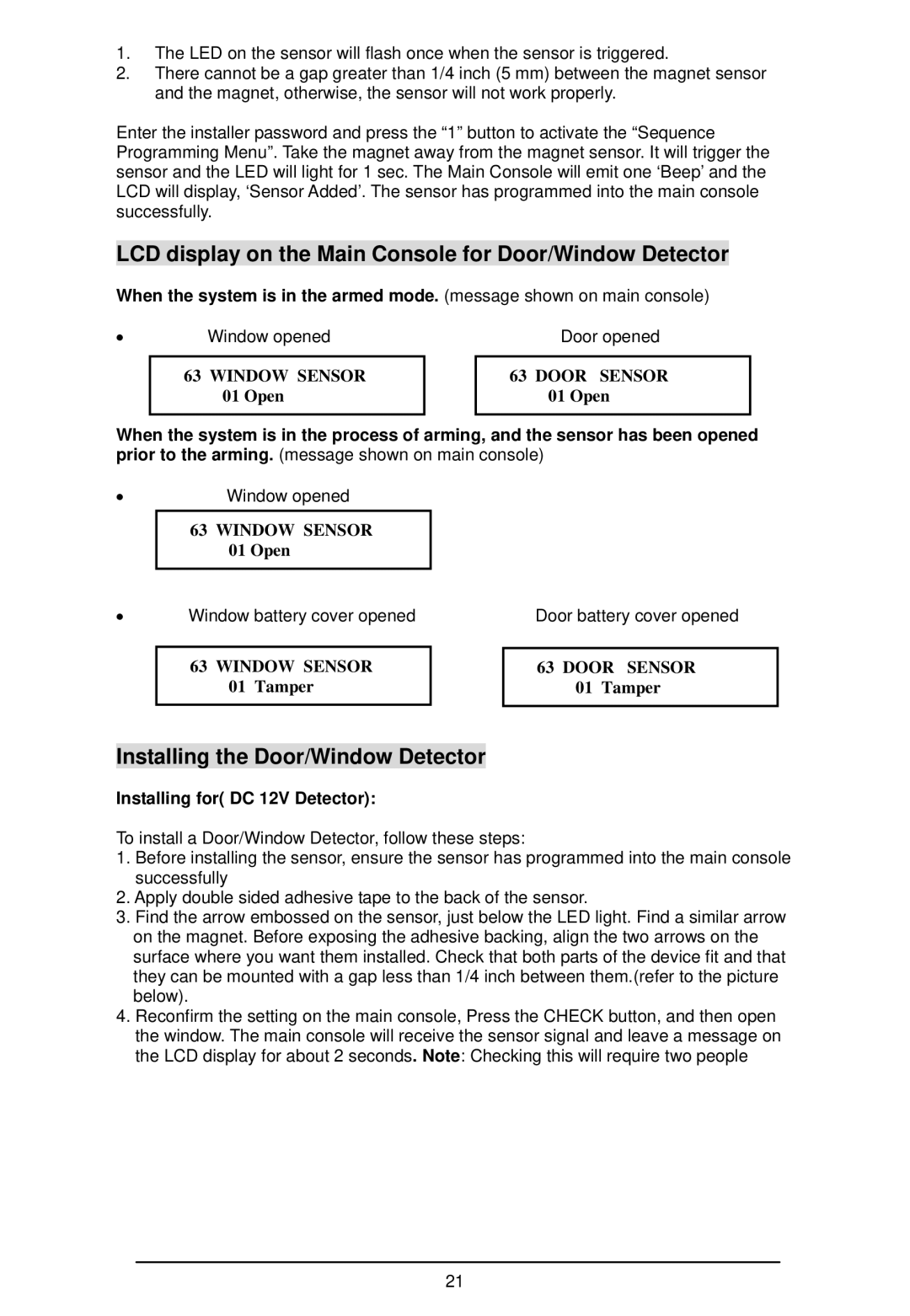 LOREX Technology WA-410 LCD display on the Main Console for Door/Window Detector, Installing the Door/Window Detector 