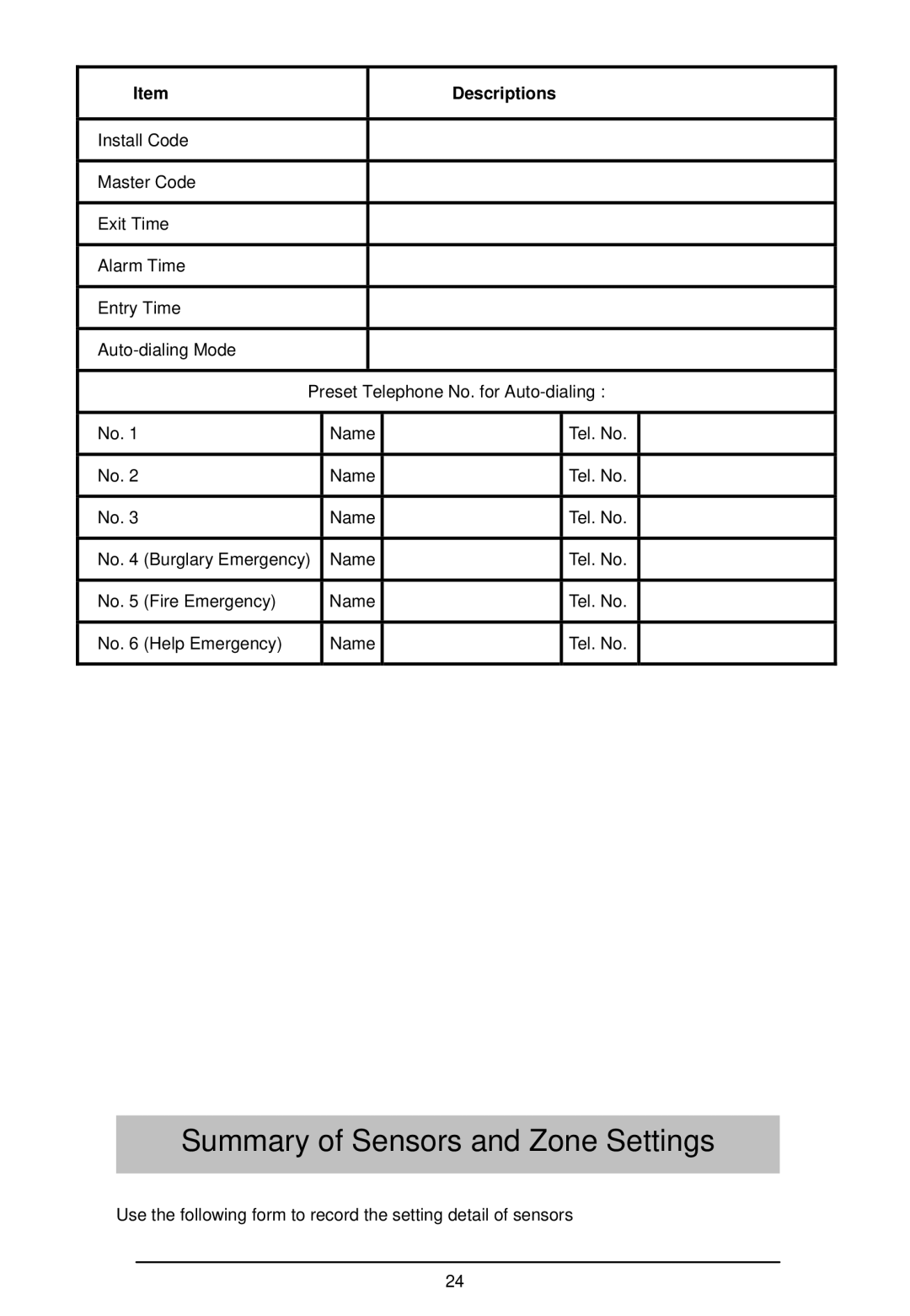 LOREX Technology WA-410 instruction manual Summary of Sensors and Zone Settings, Descriptions 