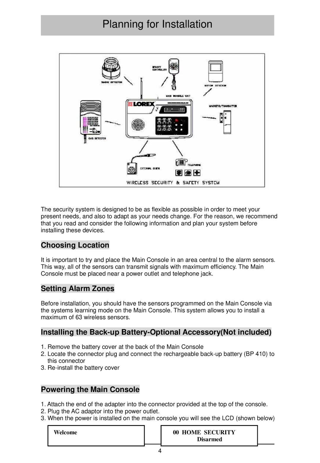 LOREX Technology WA-410 Planning for Installation, Choosing Location, Setting Alarm Zones, Powering the Main Console 