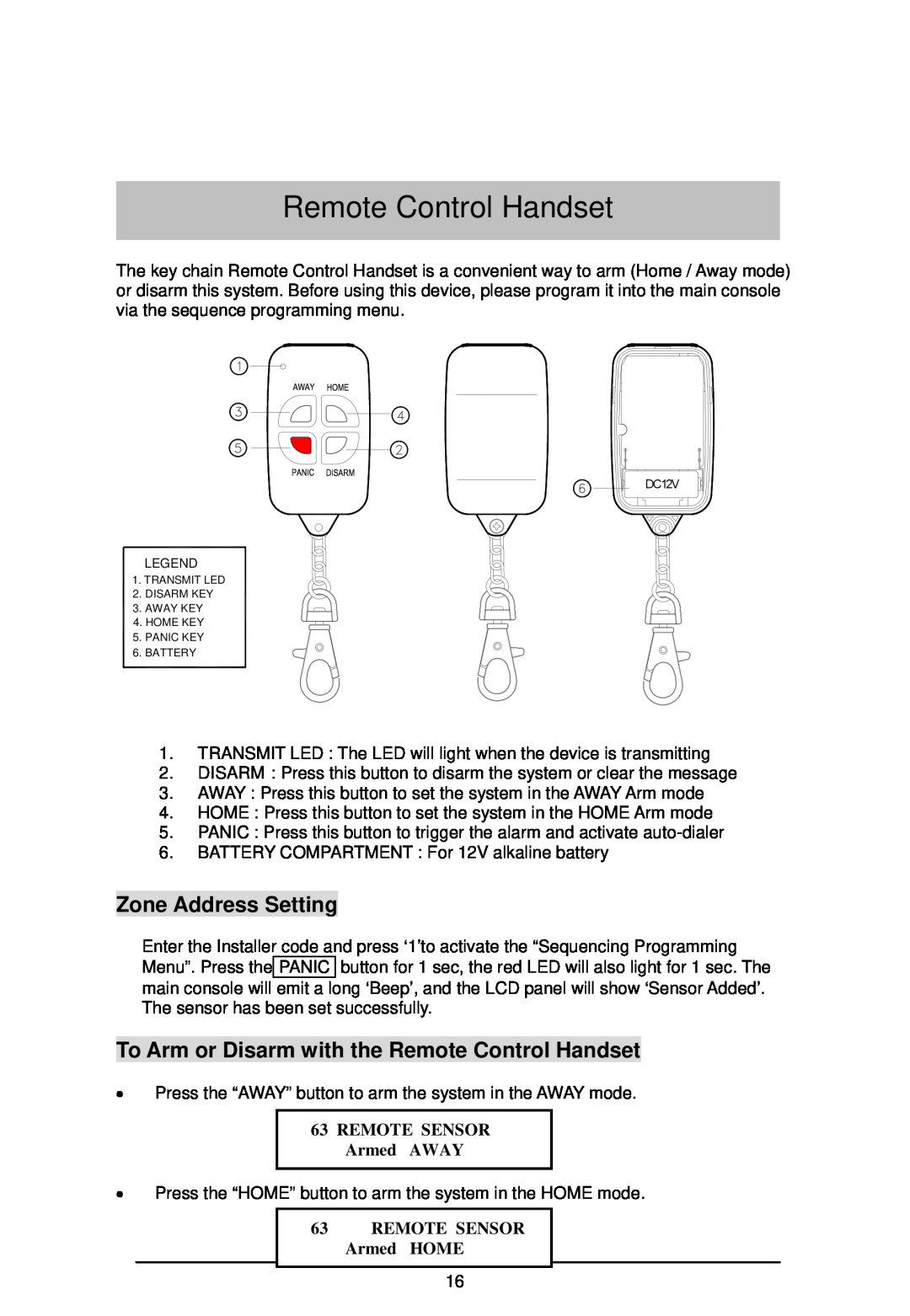LOREX Technology WA-410 instruction manual Zone Address Setting, To Arm or Disarm with the Remote Control Handset 