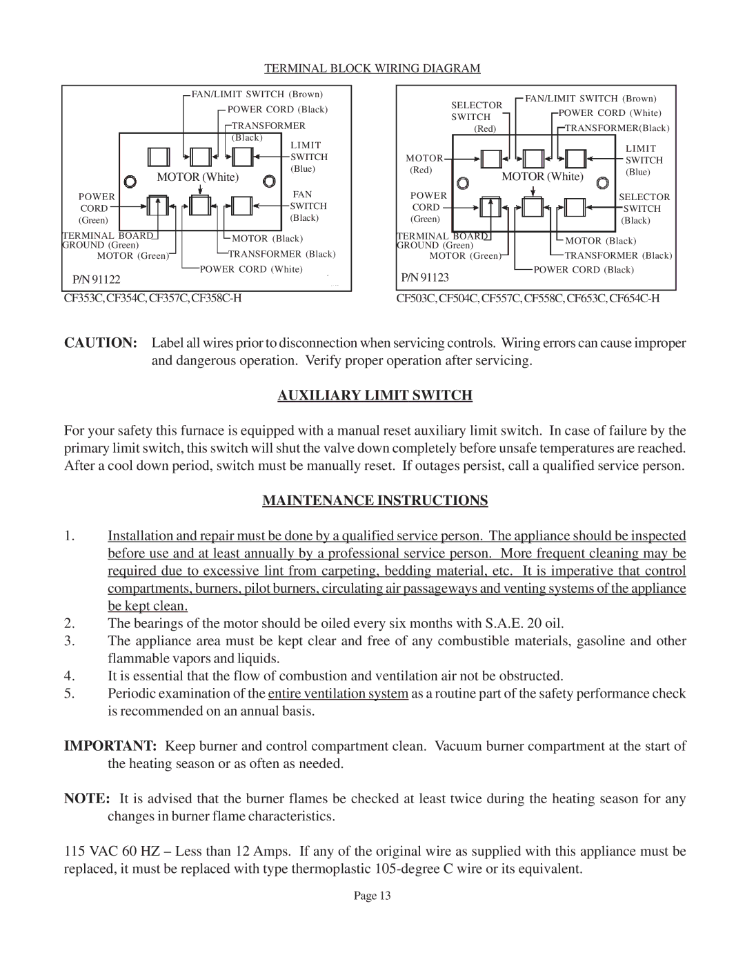 Louisville Tin and Stove 78111 warranty Auxiliary Limit Switch, Maintenance Instructions, Terminal Block Wiring Diagram 