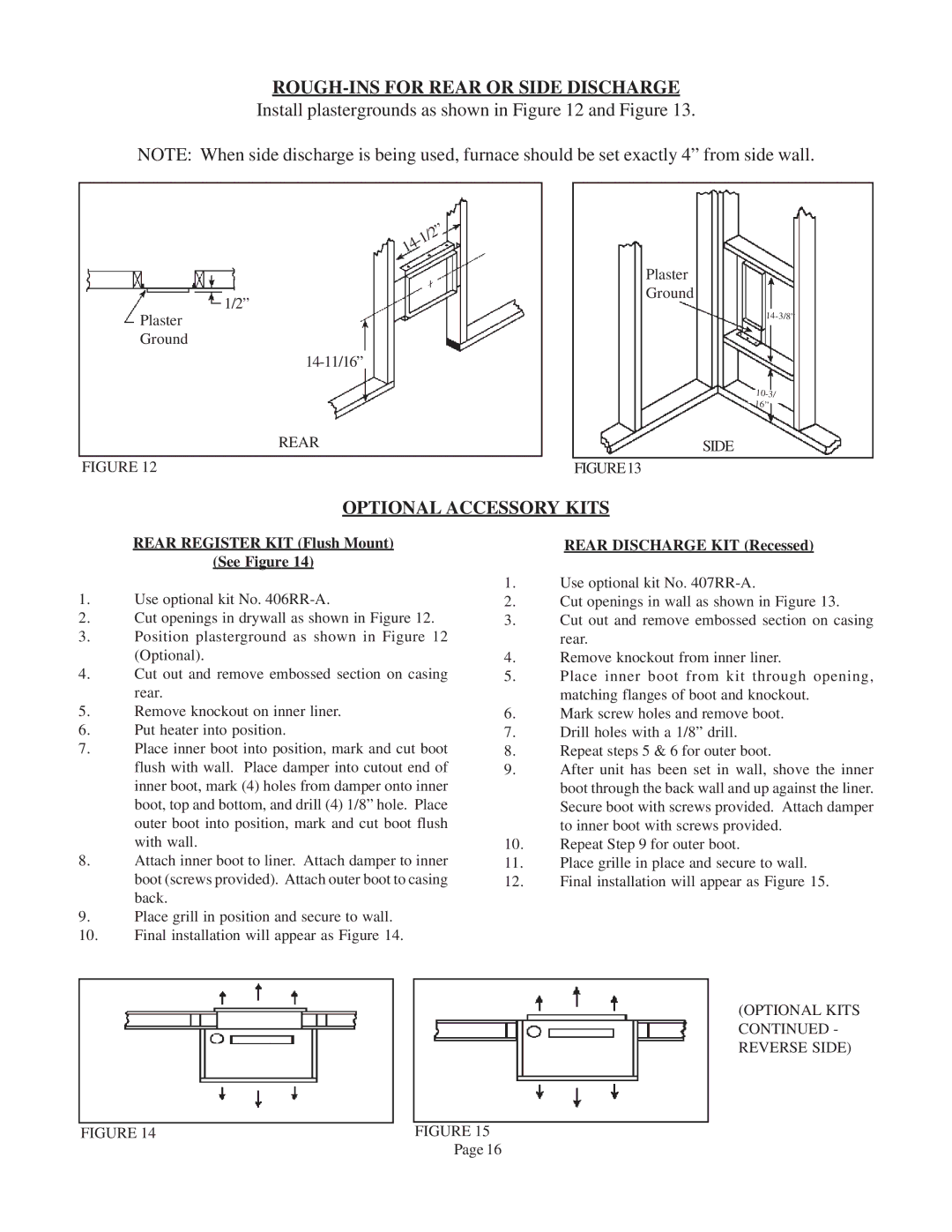 Louisville Tin and Stove 78111 ROUGH-INS for Rear or Side Discharge, Optional Accessory Kits, Optional Kits Reverse Side 