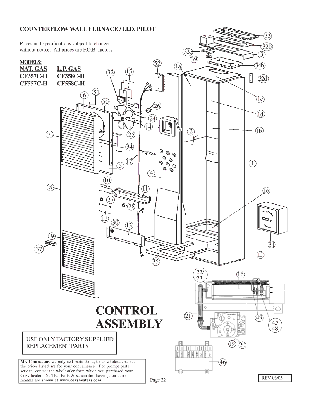 Louisville Tin and Stove 78111 warranty Counterflow Wall Furnace / I.I.D. Pilot, NAT. GAS CF357C-H CF557C-H, Models 